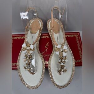 René Caovilla Leather Crystal Embellishments T-Strap Leather Sandals Size 38.